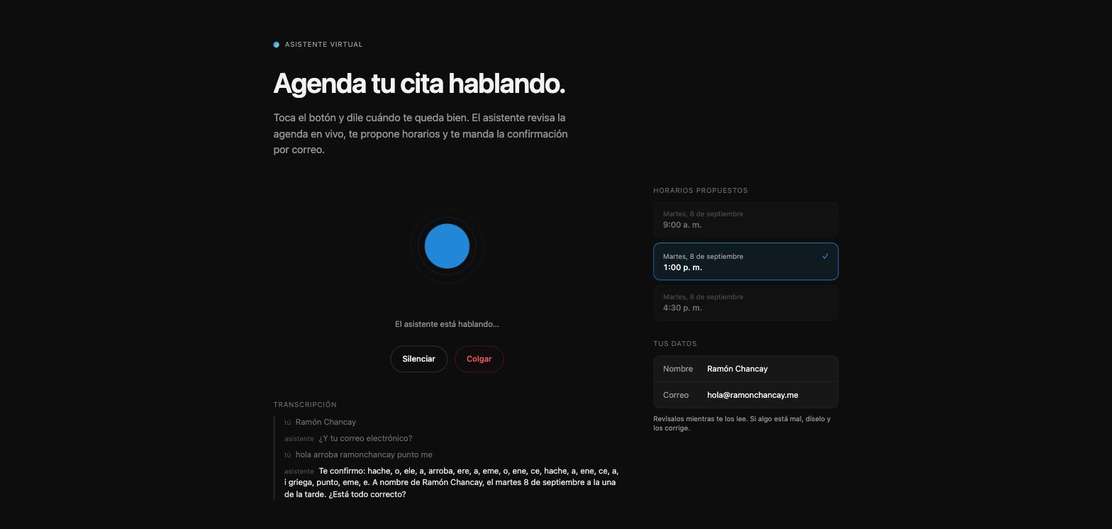The chosen time highlighted and a panel with the name and email written out, while the transcript shows the agent spelling the email letter by letter